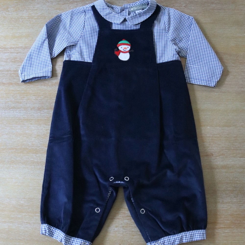 NWOT Petit Confection Baby Boy Blue Corduroy Holiday Snowman One-Piece Outfit 9M